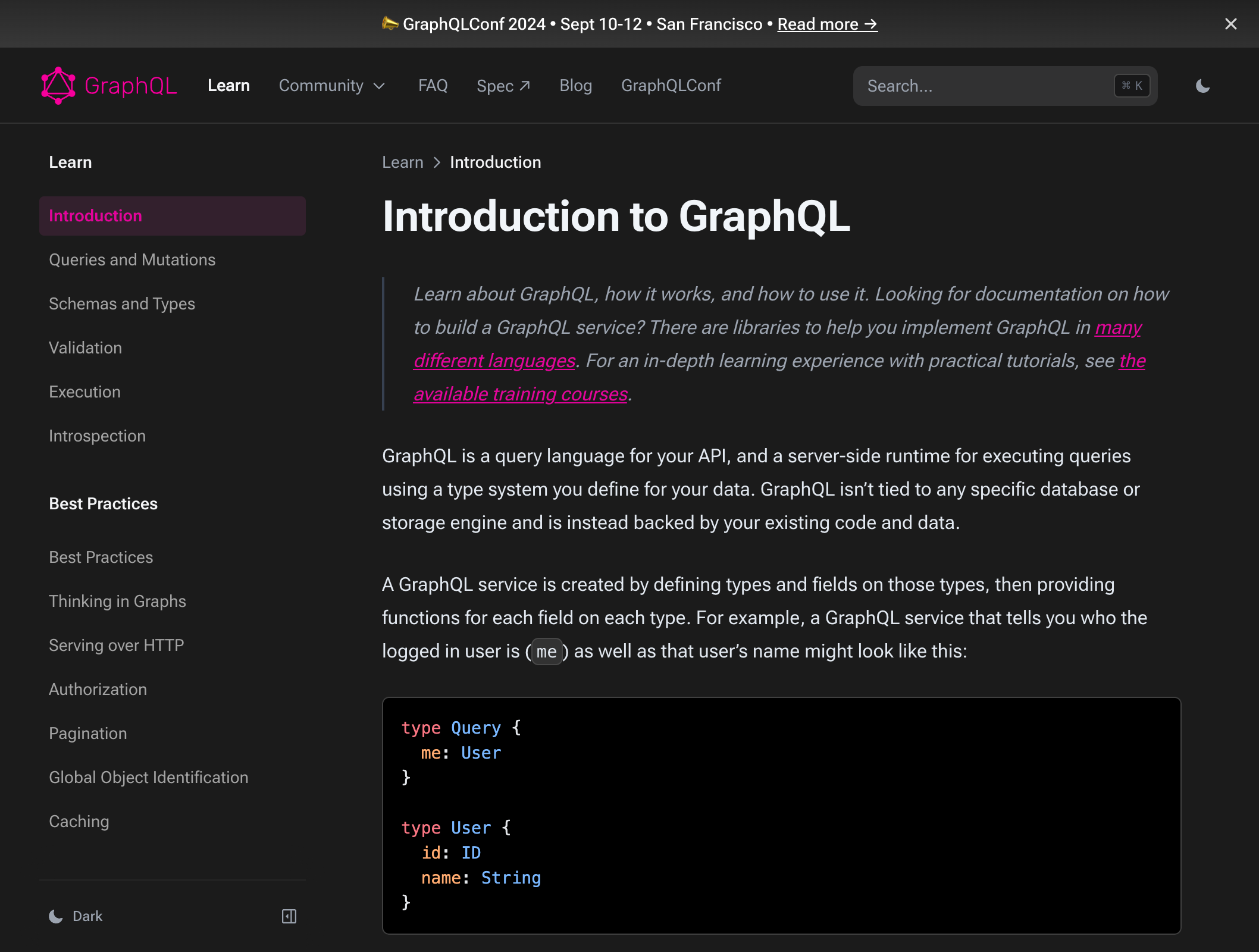 Screenshot of graphql.org v2 learn page